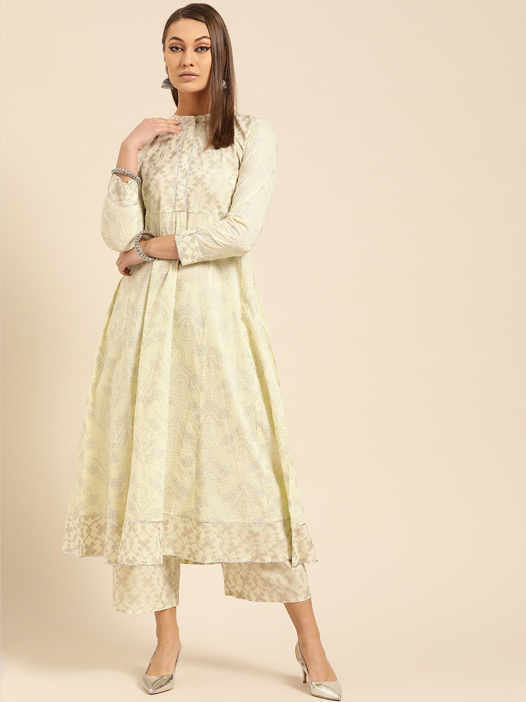 

Libas Women Yellow & Silver Printed Anarkali Kurta with Palazzos