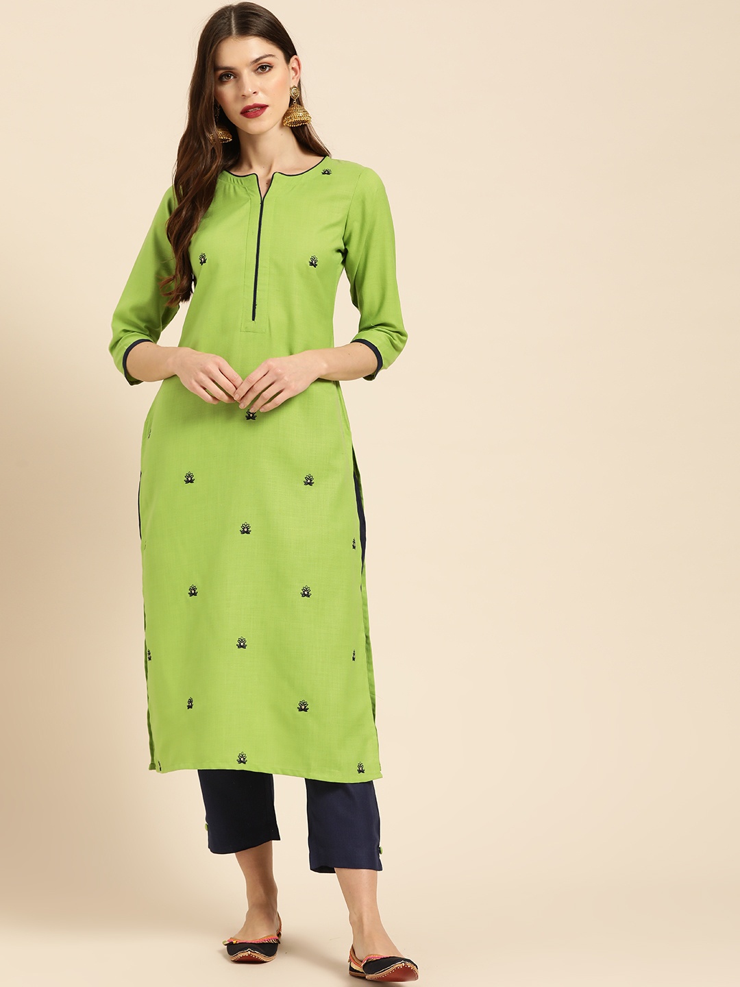 

Libas Women Green & Navy Blue Embroidered Kurta with Trousers