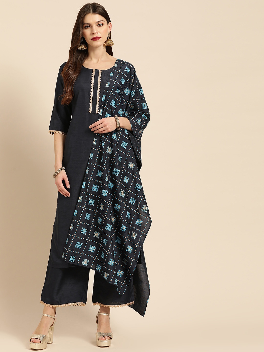 

Libas Women Navy Blue Solid Kurta with Palazzos & Dupatta