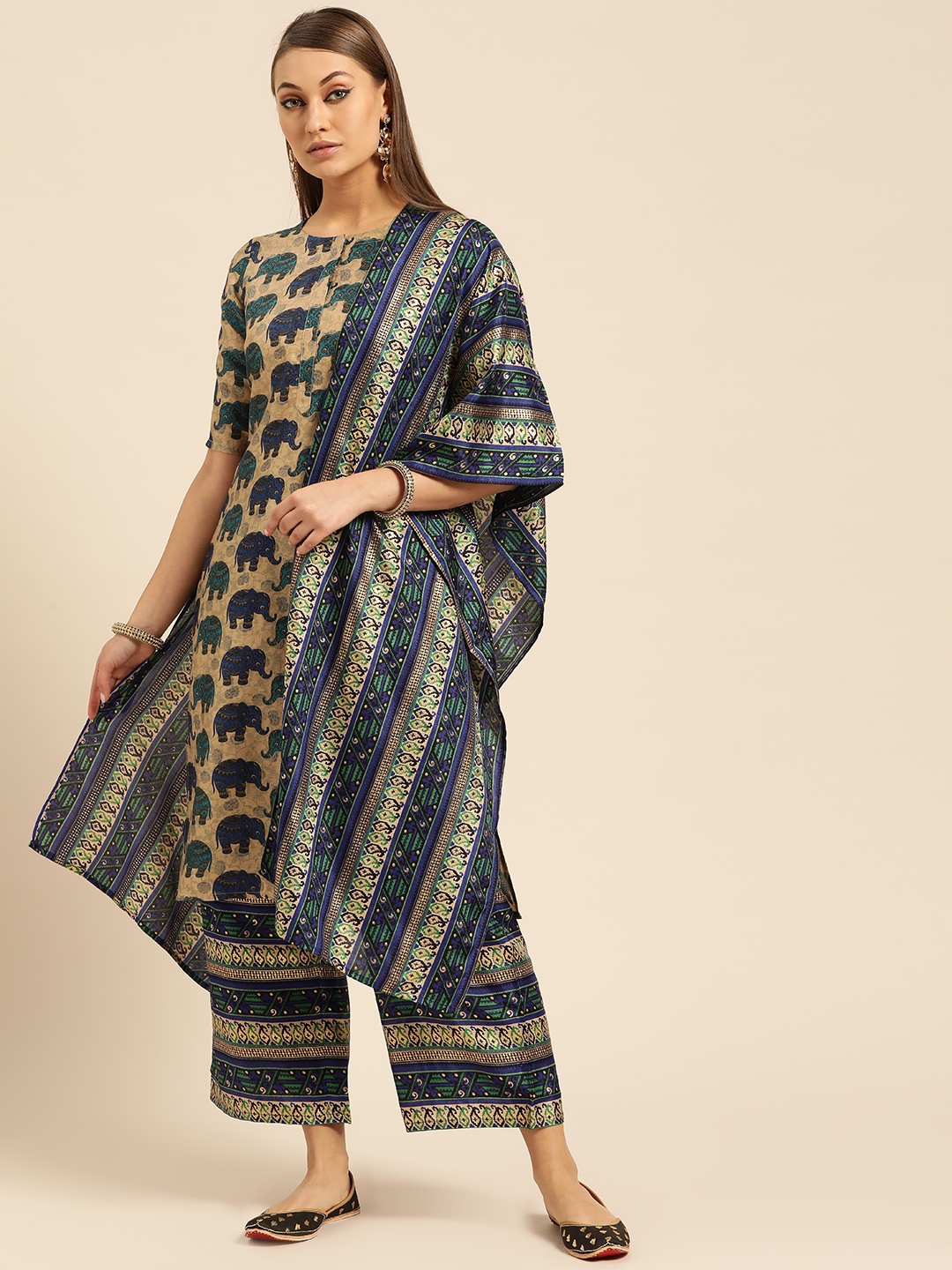 

Libas Women Beige & Blue Printed Kurta with Palazzos & Dupatta