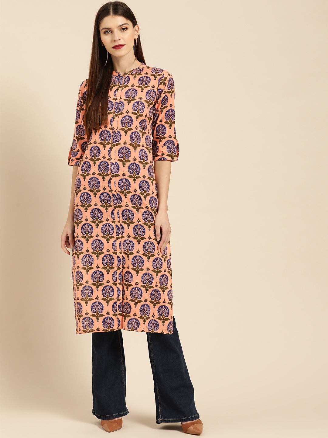 

Libas Women Peach-Coloured & Blue Printed Straight Kurta