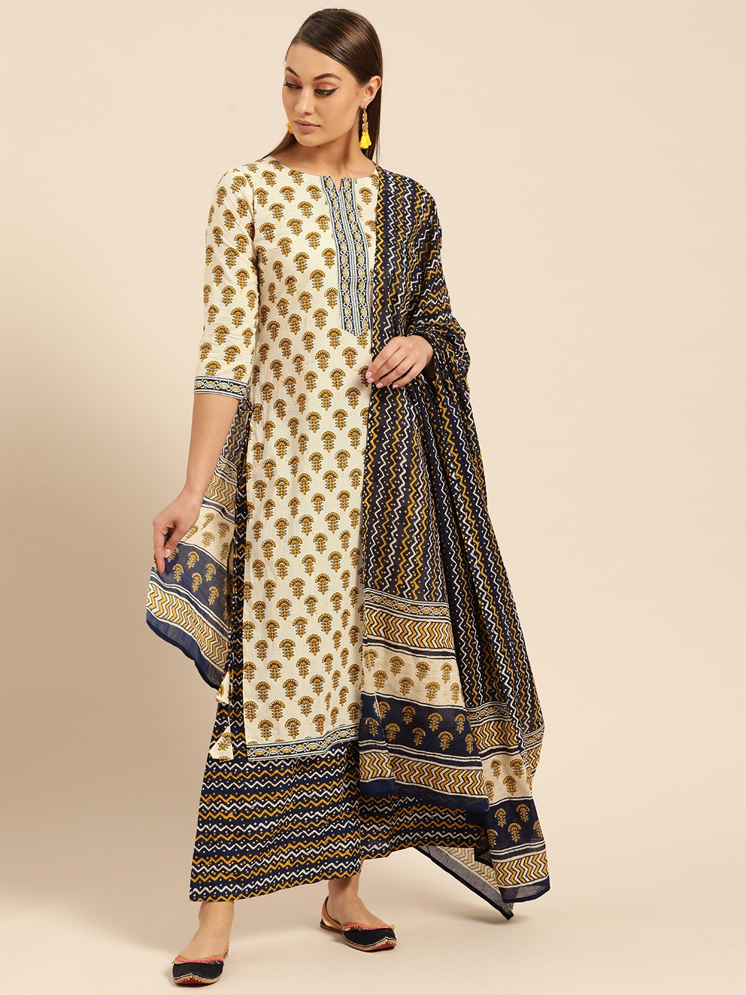 

Libas Women Cream-Coloured & Mustard Yellow Printed Kurta with Palazzos & Dupatta