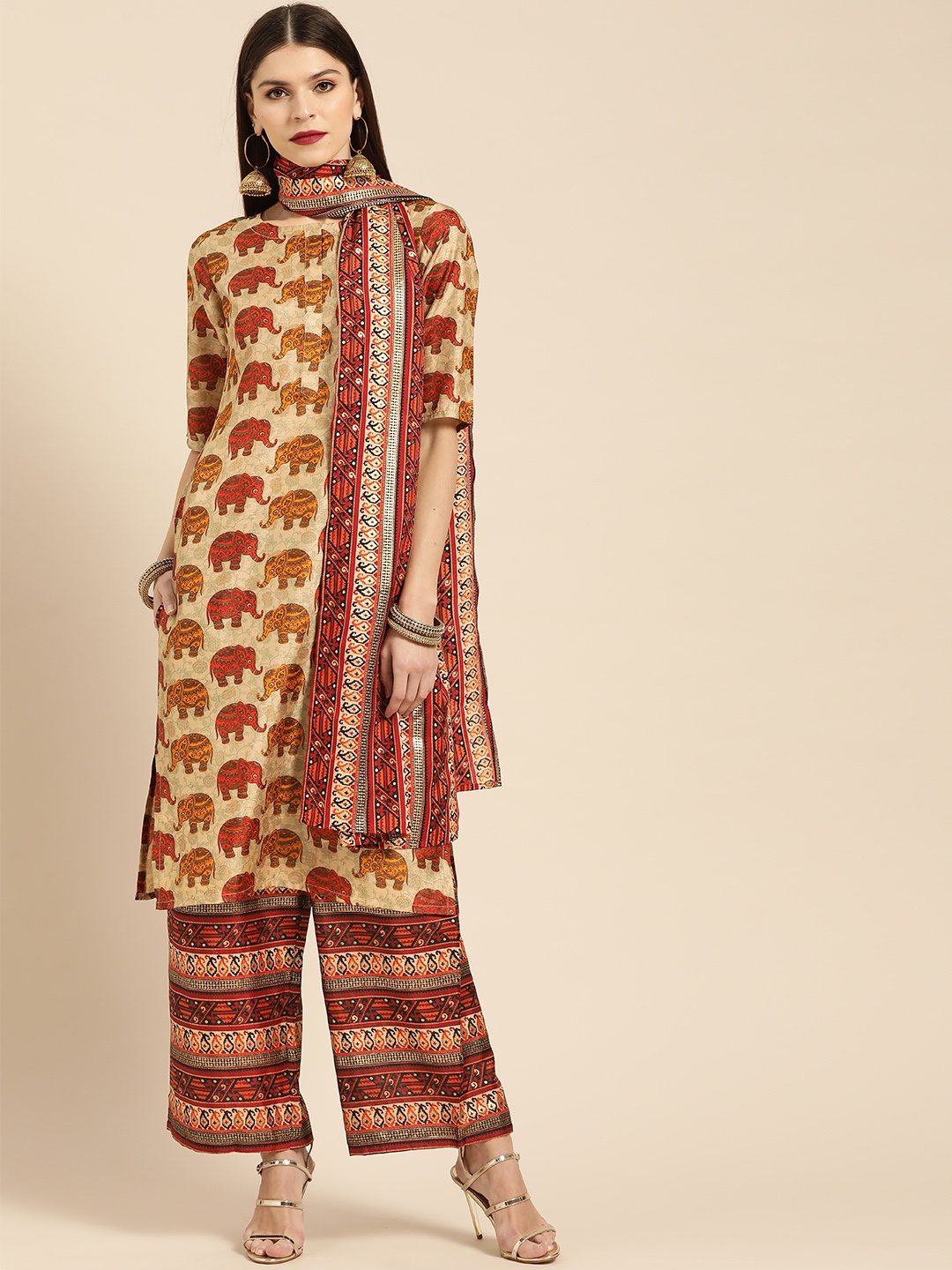 

Libas Women Beige & Maroon Printed Kurta with Palazzos & Dupatta