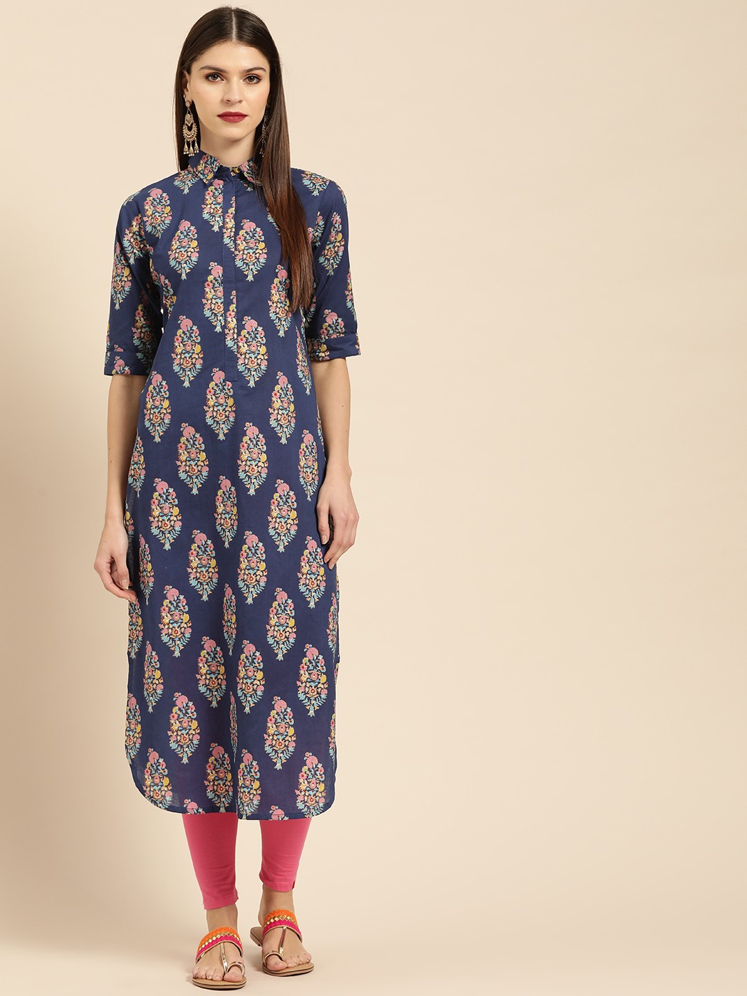 

Libas Women Navy Blue & Pink Printed Pathani Kurta