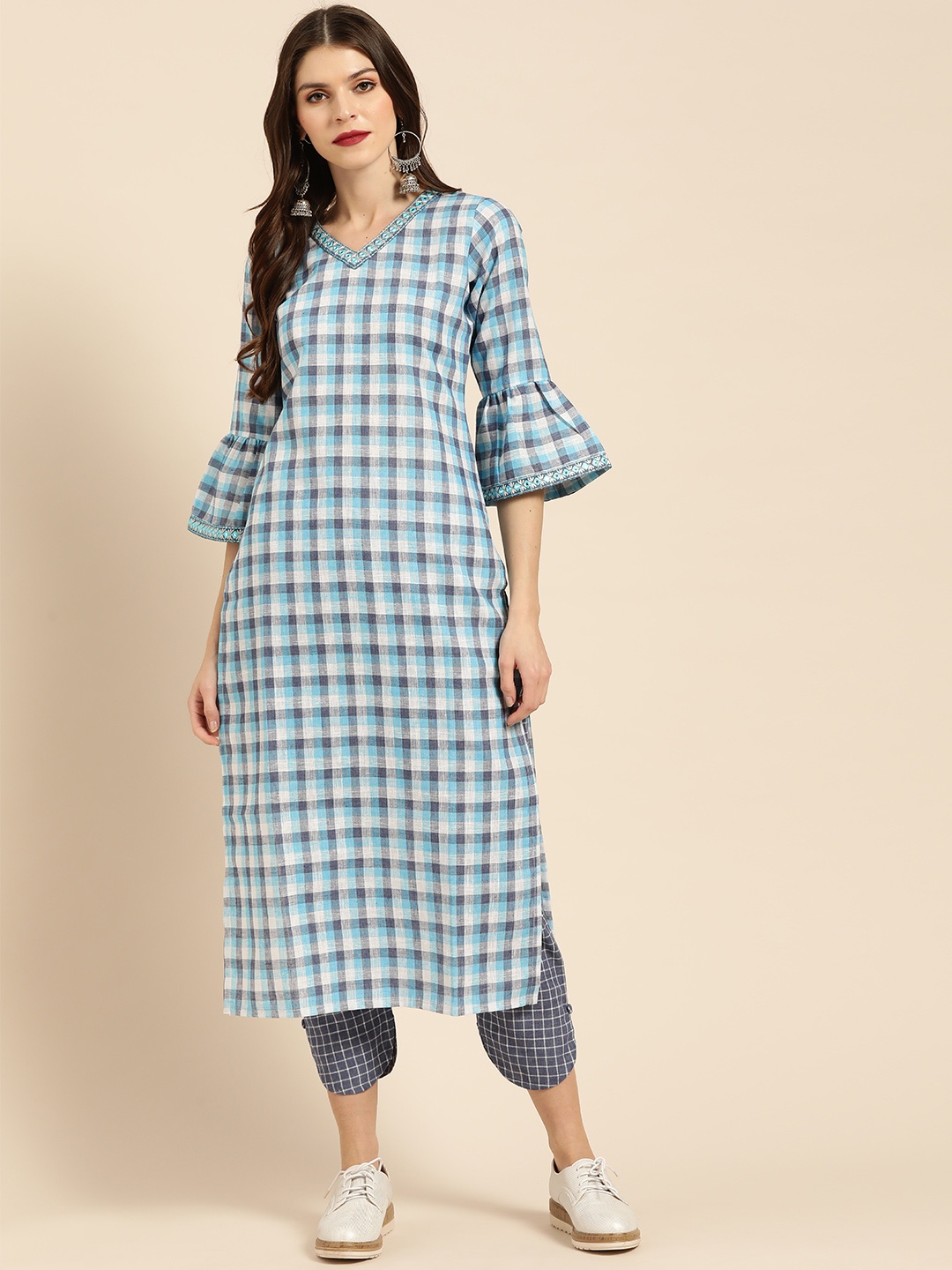 

Libas Women Blue & White Checked Kurta with Trousers