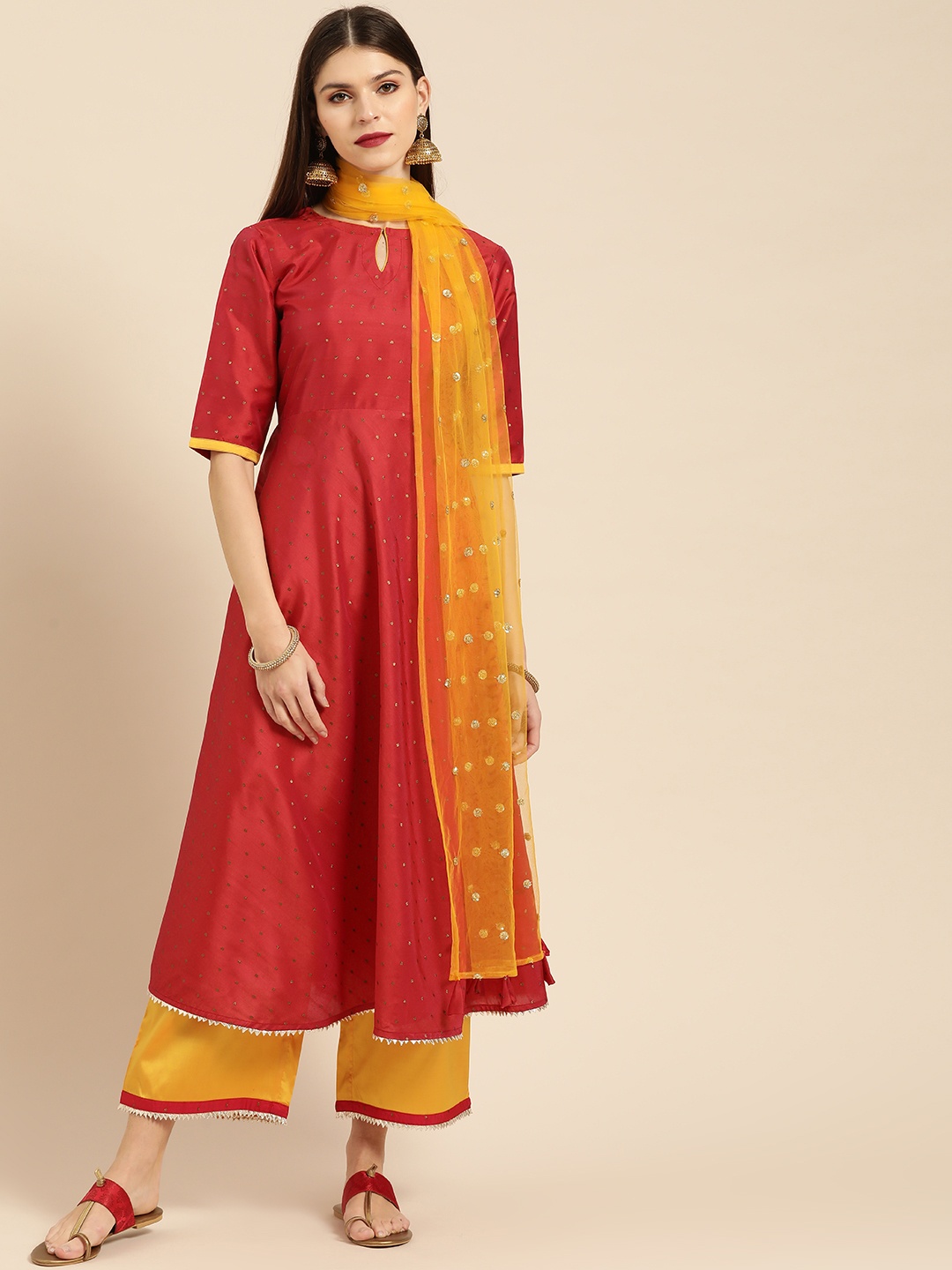 

Libas Women Red & Mustard Yellow Zari Woven Design Anarkali Kurta with Palazzos & Dupatta