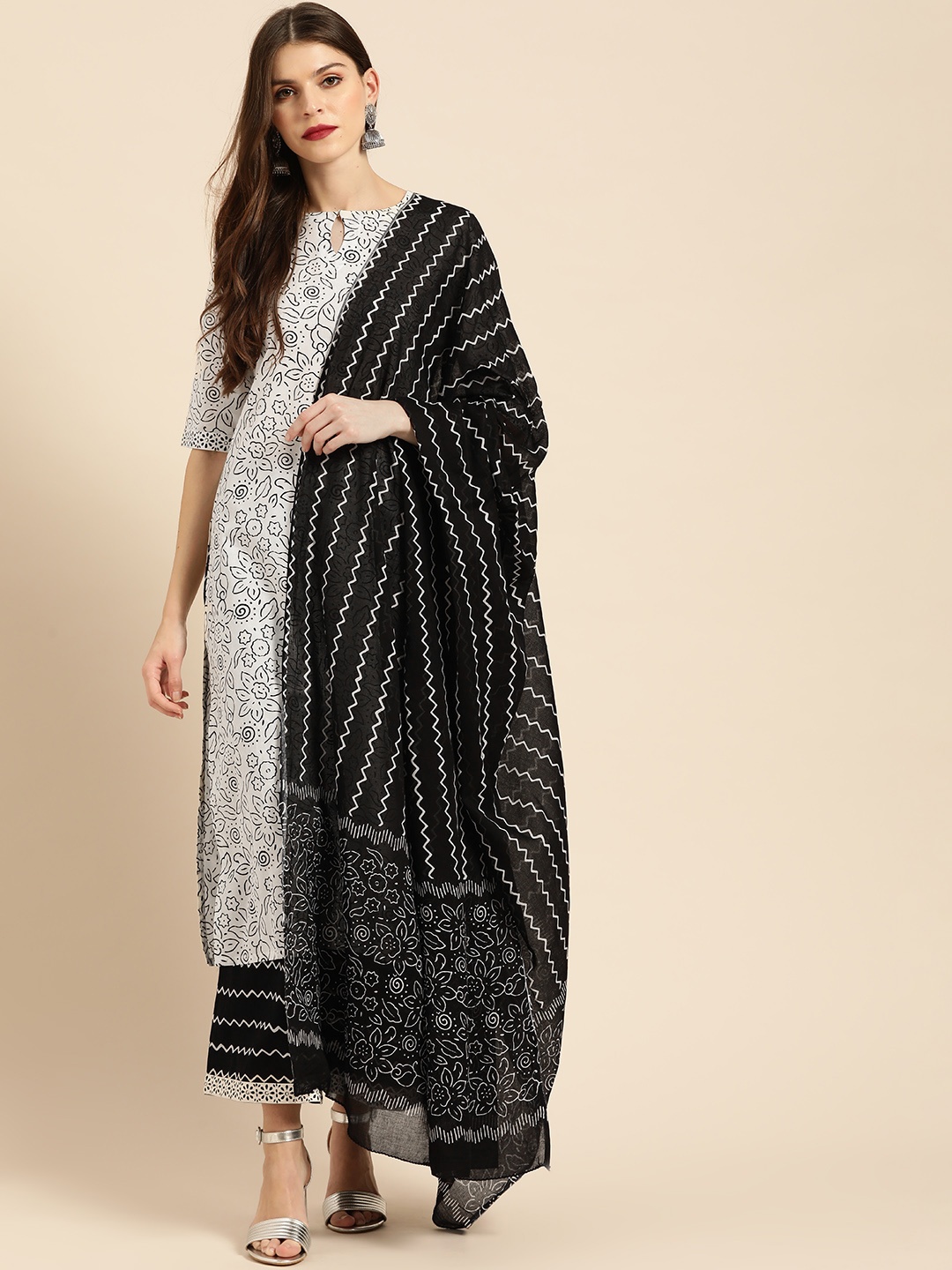 

Libas Women White & Black Printed Kurta with Palazzos & Dupatta