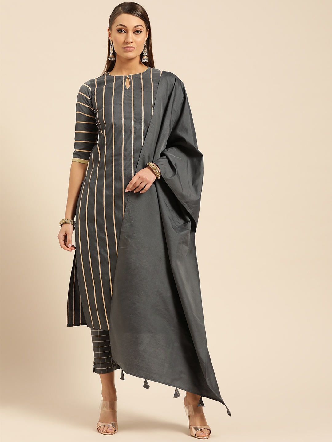 

Libas Women Charcoal Grey & Golden Striped Kurta with Trousers & Dupatta
