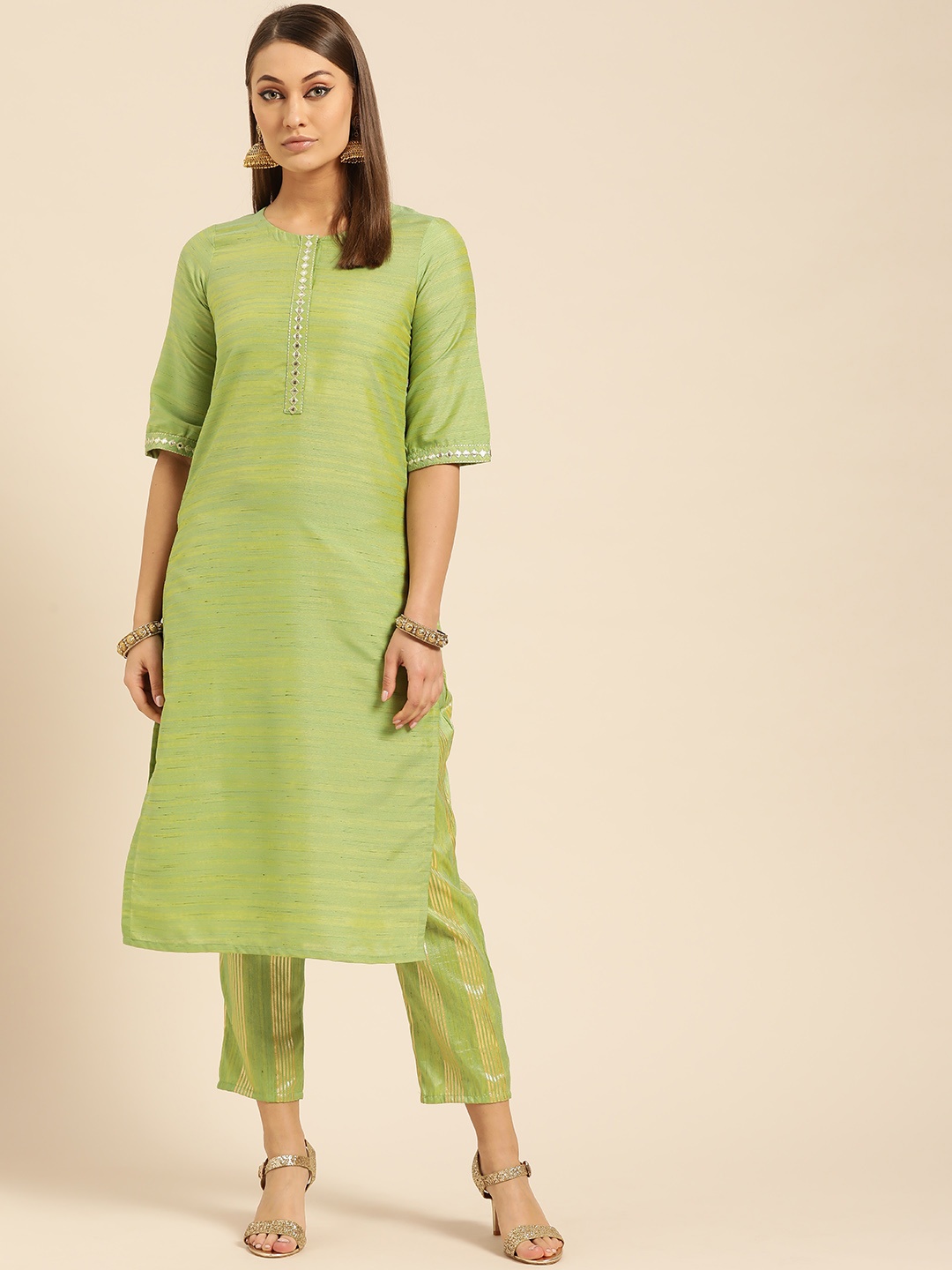 

Libas Women Green & Golden Self Design Kurta with Trousers