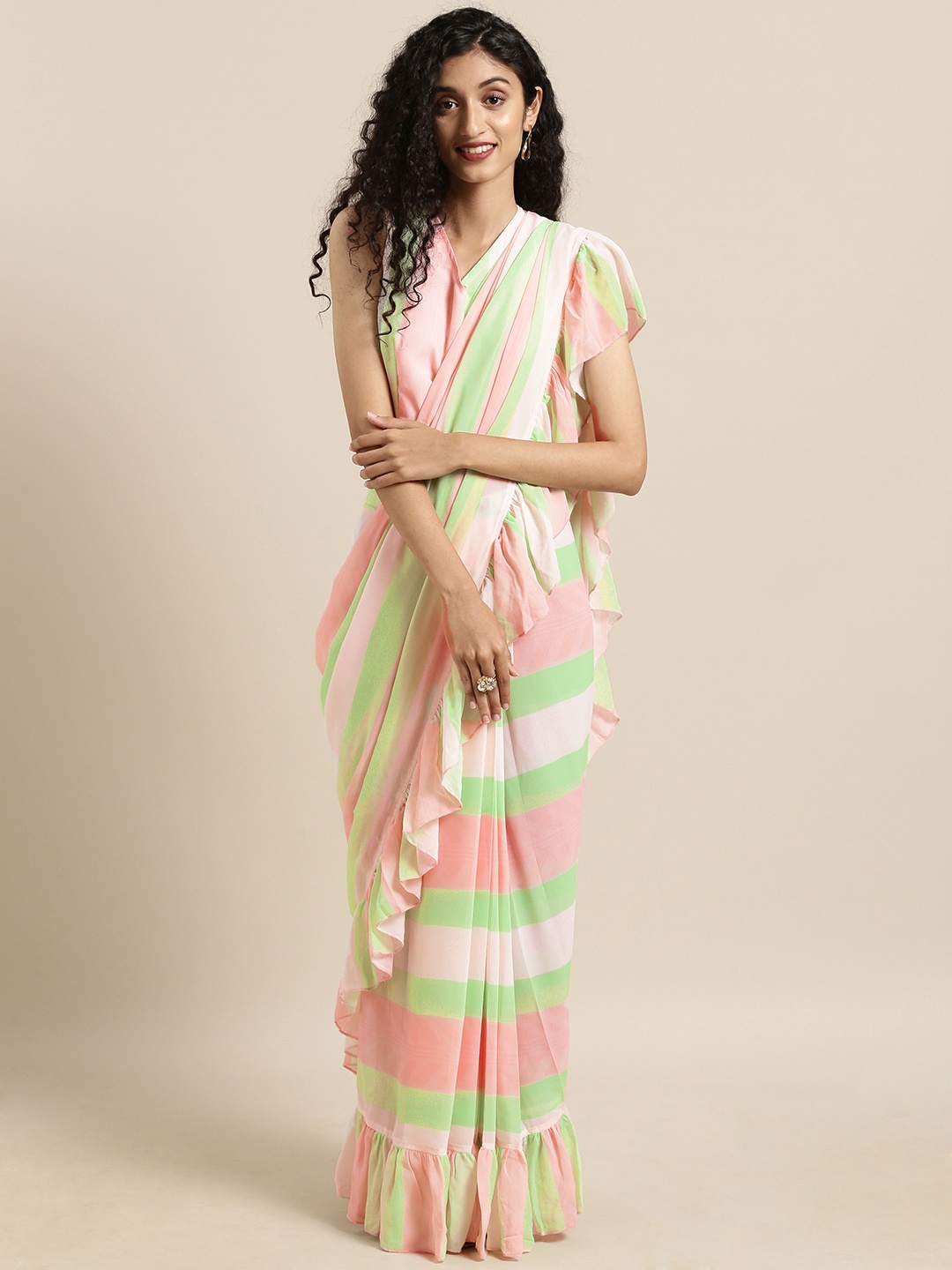 

Ahalyaa Pink & Green Georgette Striped Ready to Wear Saree With Ruffle Detail, Multi