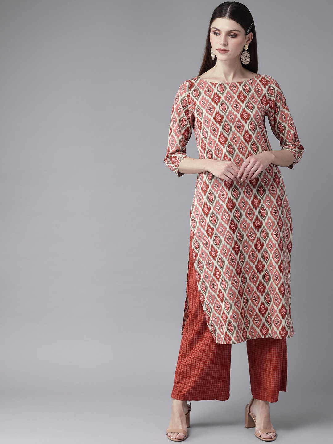 

AKS Women Off-White & Pink Printed Straight Kurta