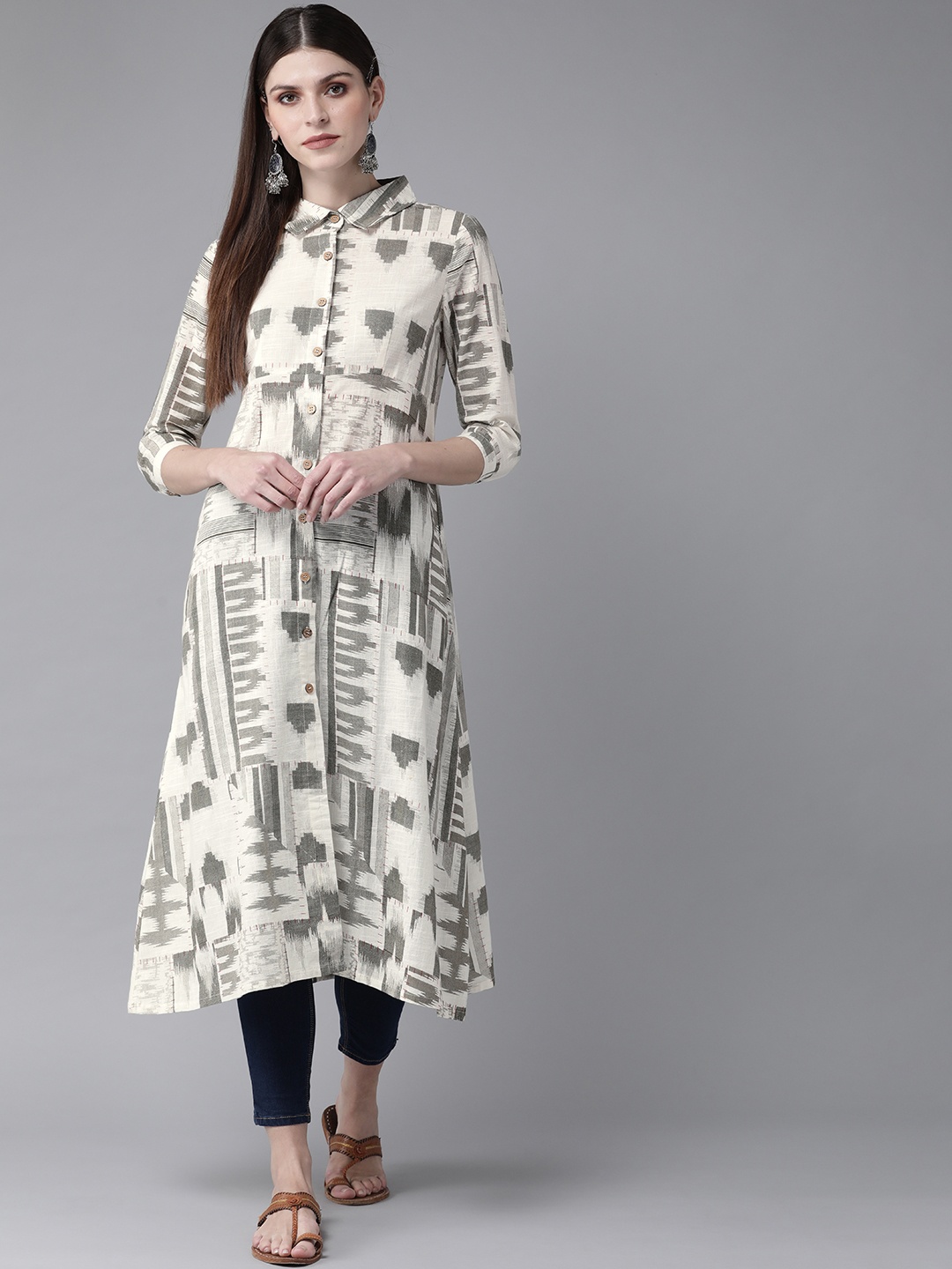 

AKS Women Off-White & Olive Green Printed A-Line Kurta