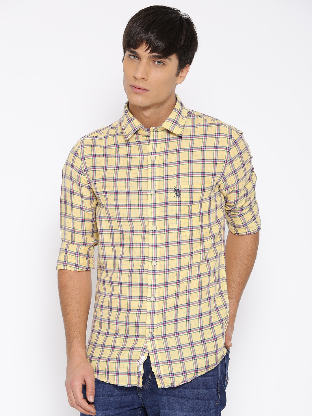 

U.S. Polo Assn. Men Yellow & Blue Slim Fit Checked Casual Shirt