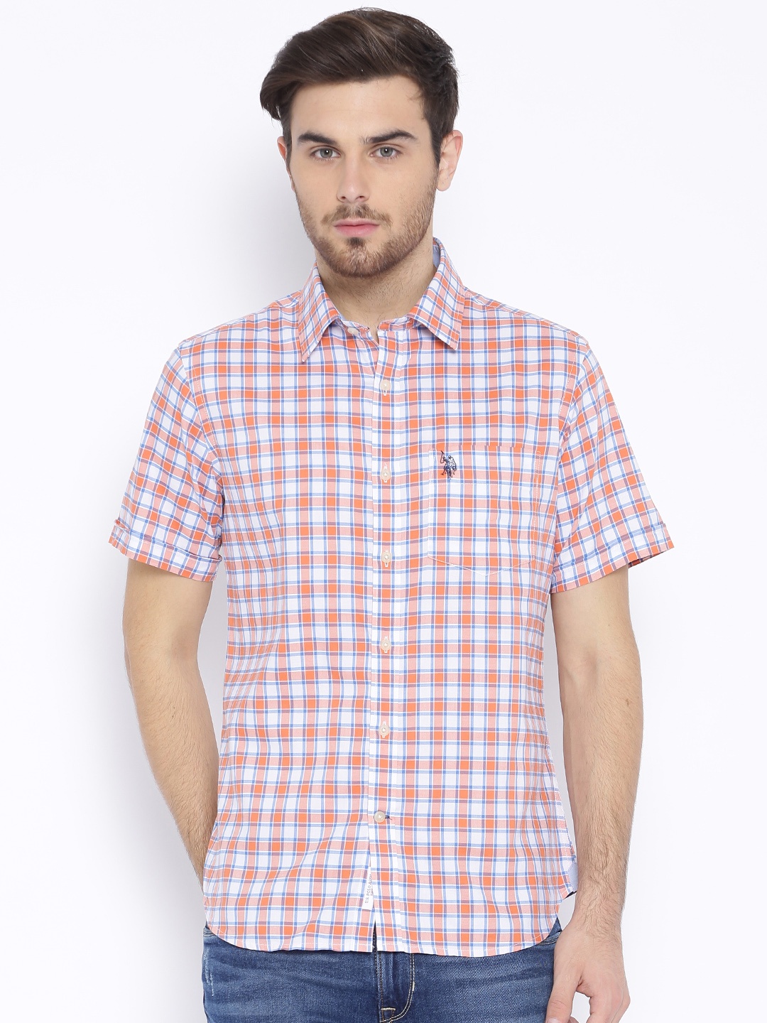 

U.S. Polo Assn. Orange & White Checked Tailored Fit Casual Shirt