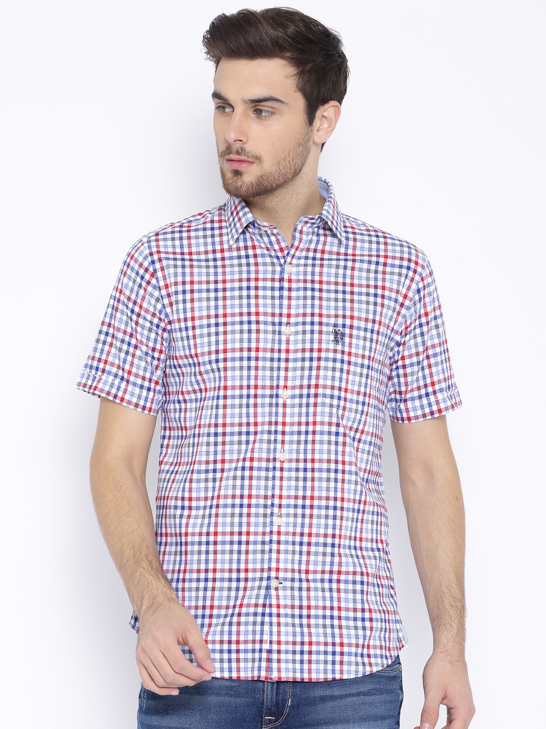 

U.S. Polo Assn. Red & Blue Checked Tailored Fit Casual Shirt