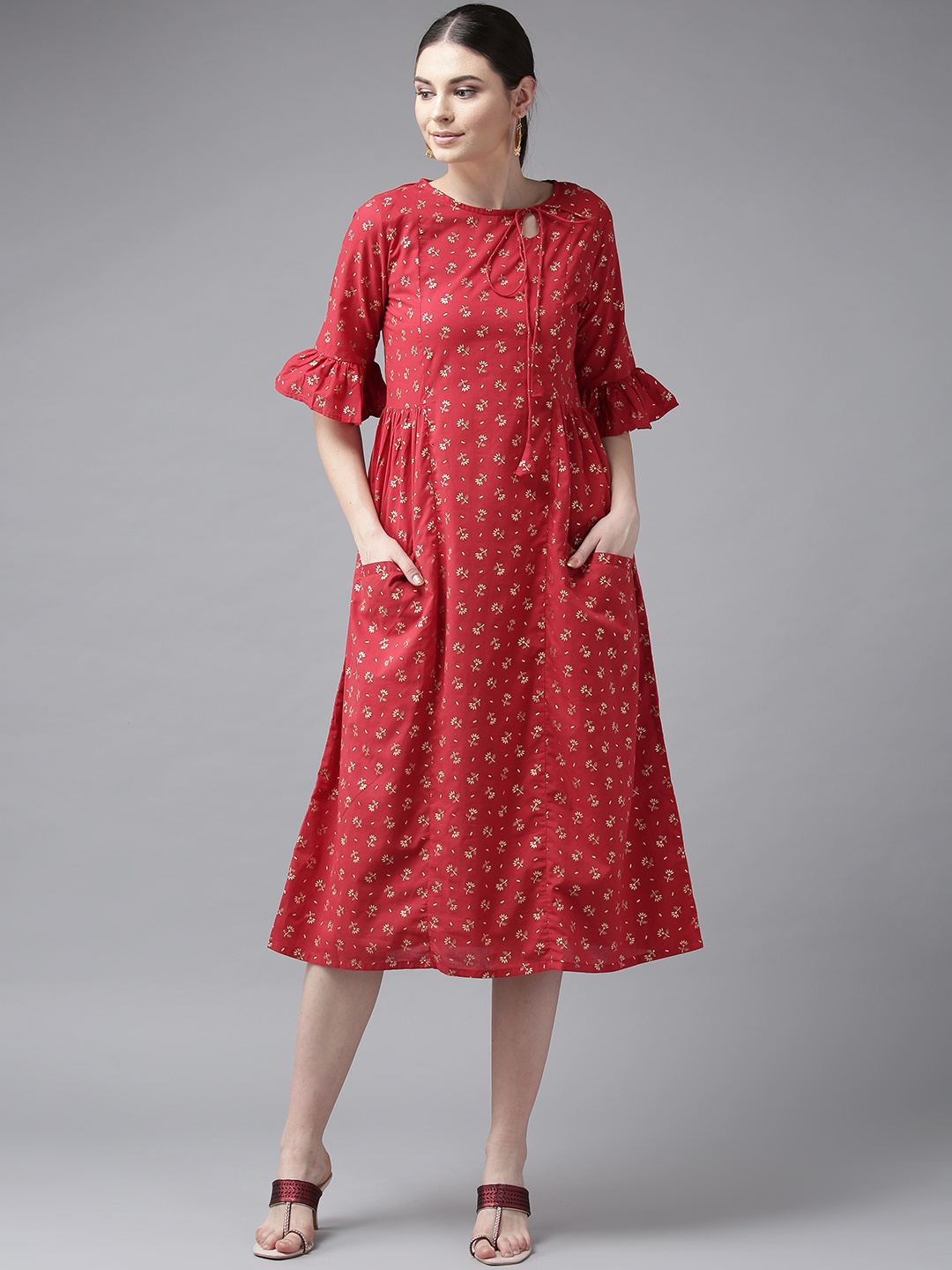 

Bhama Couture Women Red & Golden Printed A-Line Dress
