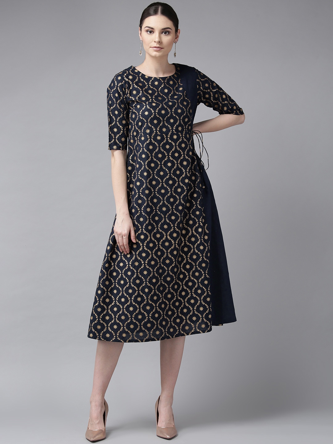 

Bhama Couture Women Navy Blue & Golden Printed Angrakha A-Line Dress