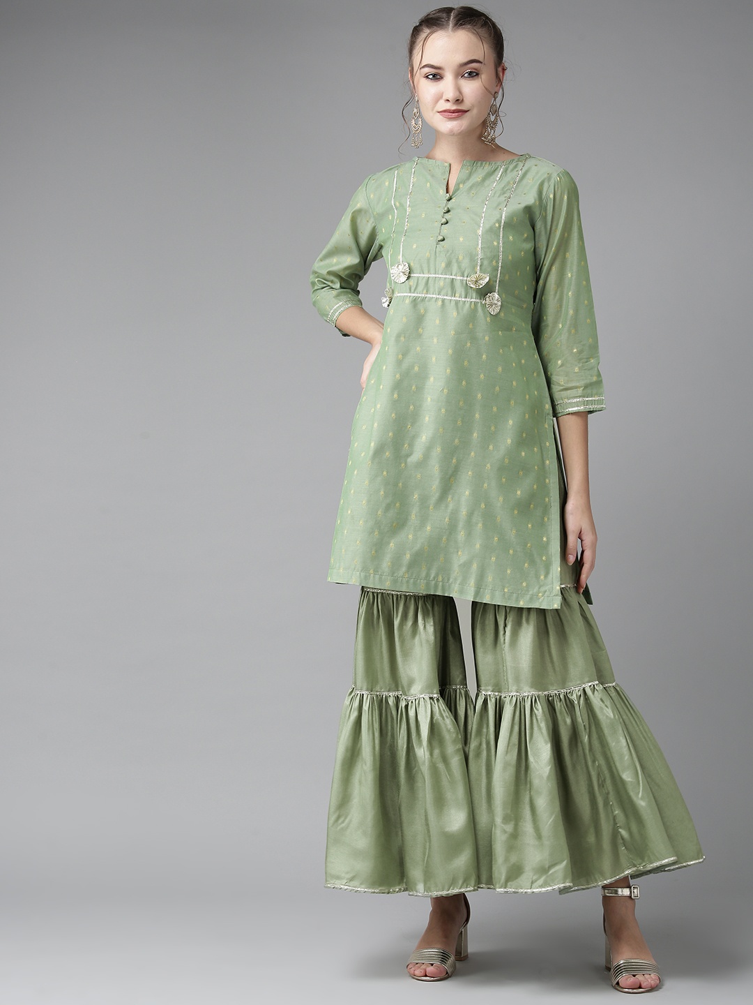 

Bhama Couture Women Green & Golden Woven Design Kurta with Sharara