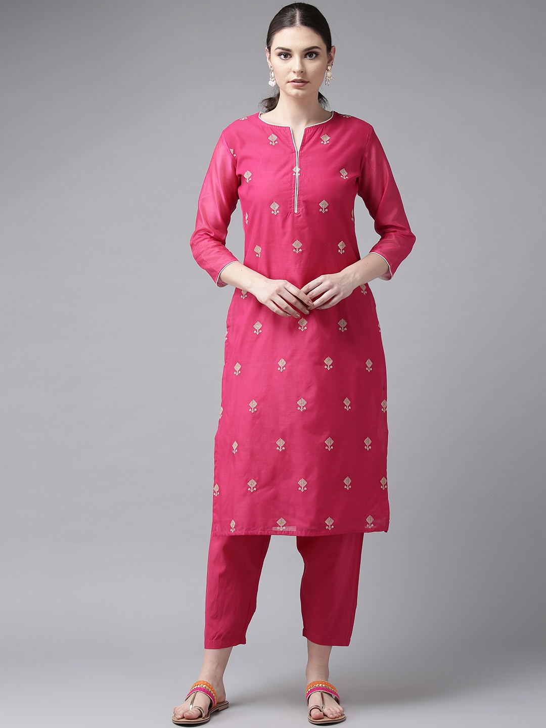 

Bhama Couture Women Pink & Cream-Coloured Embroidered Kurta with Trousers