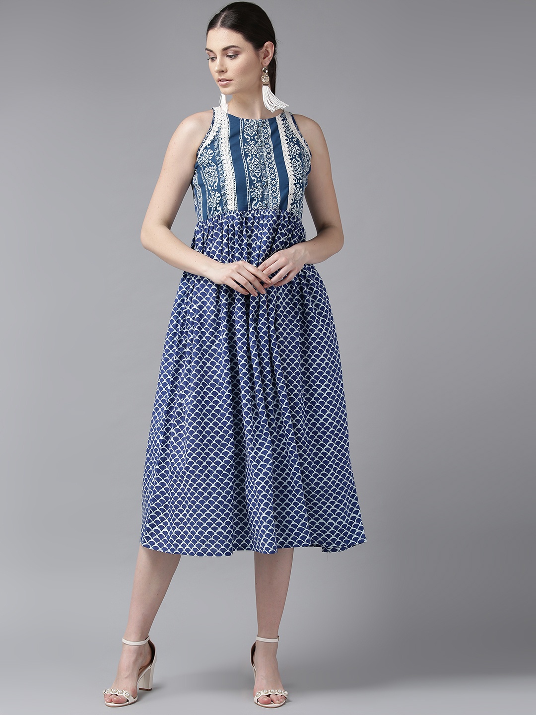 

Bhama Couture Ethnic Motifs Printed A-Line Dress, Blue