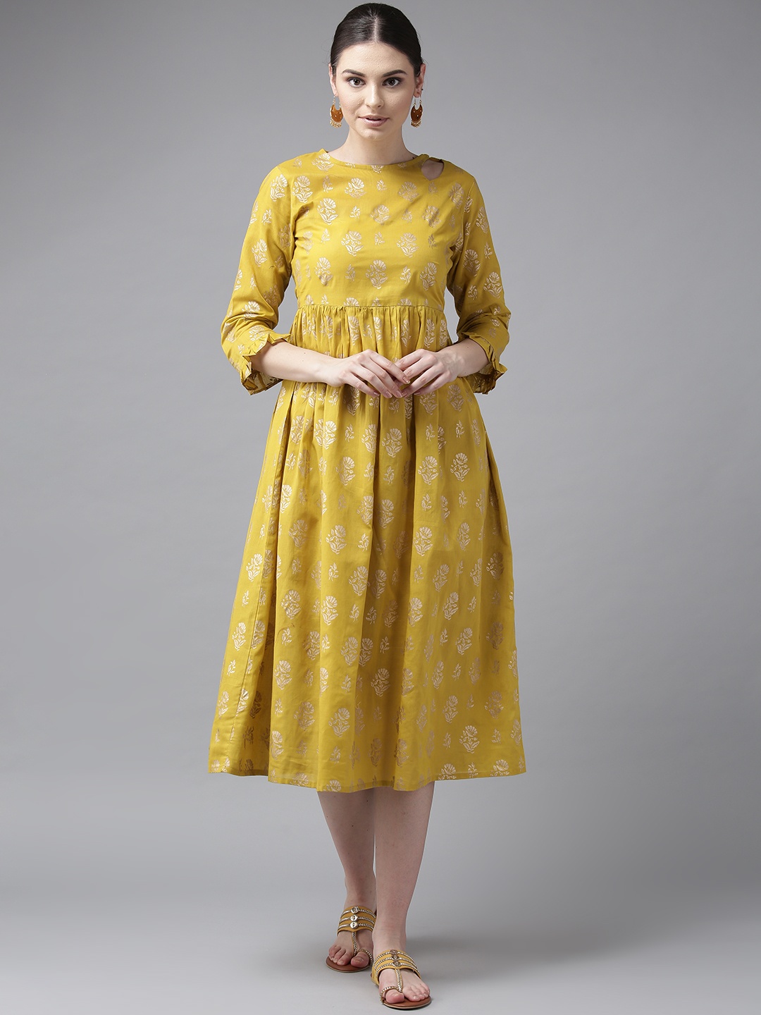 

Bhama Couture Women Mustard Yellow & Golden Printed A-Line Dress