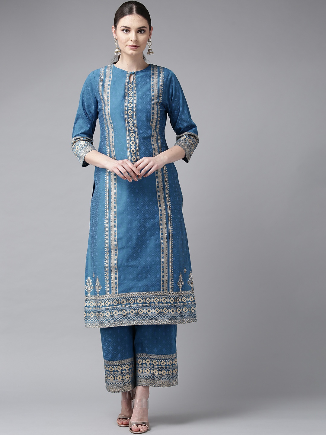

Bhama Couture Women Blue & Golden Block Print Kurta with Palazzos