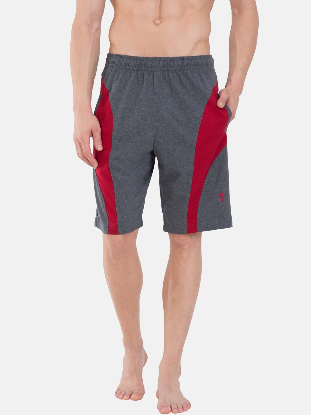 

Jockey Men Charcoal Grey & Red Colourblocked Regular Fit Sports Shorts