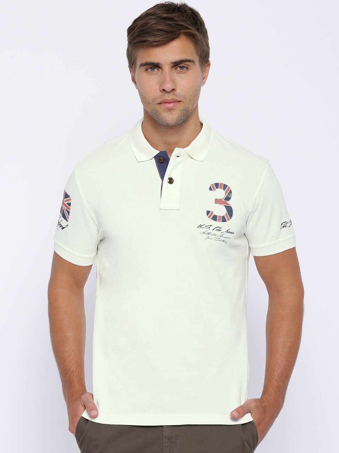 

U.S. Polo Assn. Off-White Printed Polo Pure Cotton T-shirt