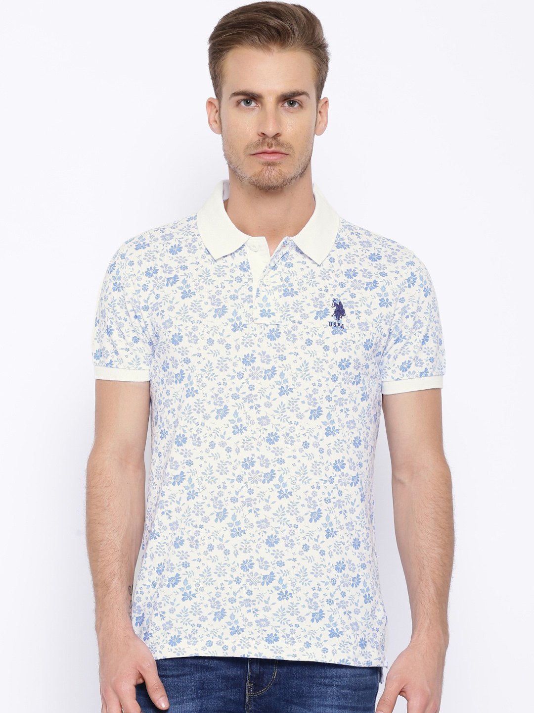 

U.S. Polo Assn. White Blue Floral Print Polo Pure Cotton T-shirt