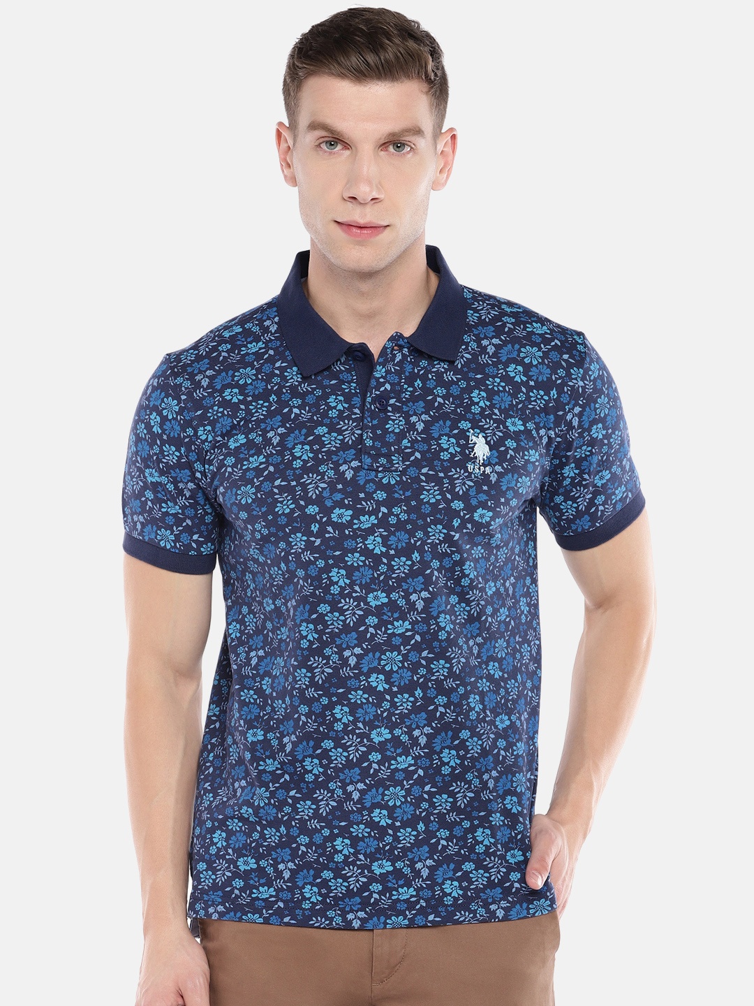 

U.S. Polo Assn. Navy Floral Print Polo Pure Cotton T-shirt, Navy blue