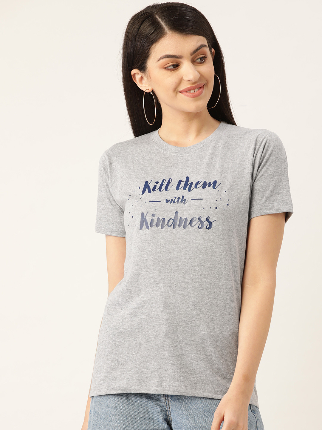 

YOLOCLAN Women Grey Melange & Navy Blue Printed Round Neck T-shirt