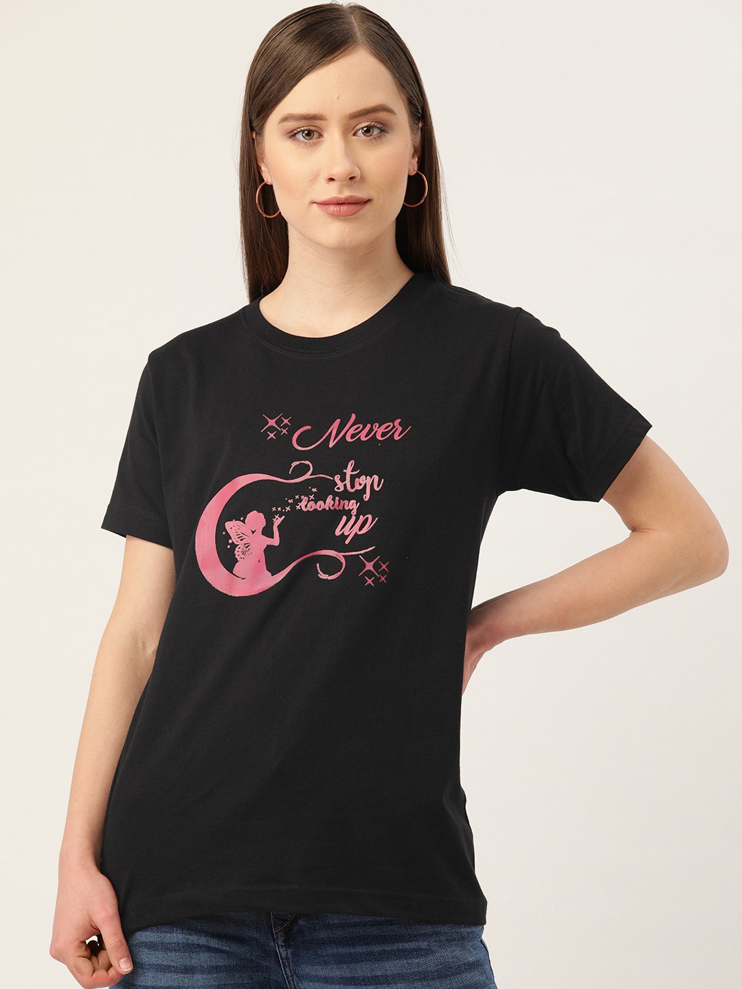 

YOLOCLAN Women Black Pink Printed Round Neck Pure Cotton T-shirt