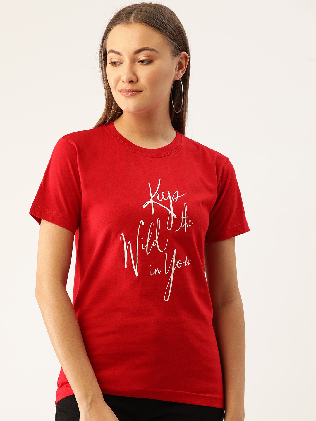 

YOLOCLAN Women Red White Printed Round Neck Pure Cotton T-shirt