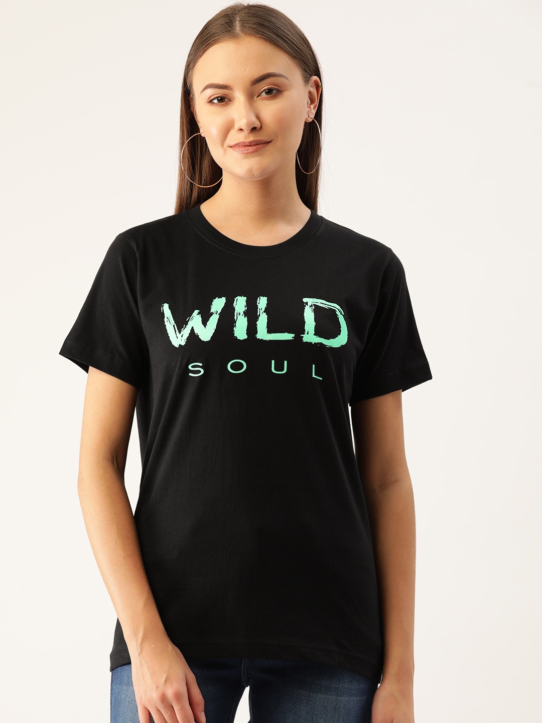 

YOLOCLAN Women Black Sea Green Printed Round Neck Pure Cotton T-shirt