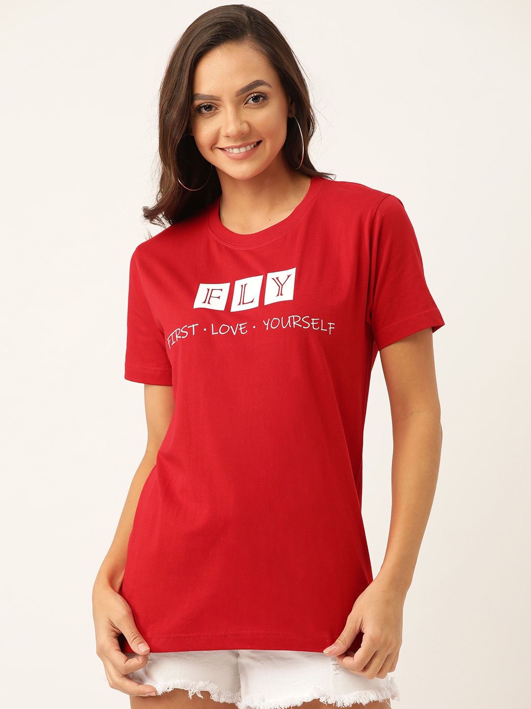 

YOLOCLAN Women Red White Printed Round Neck Pure Cotton T-shirt