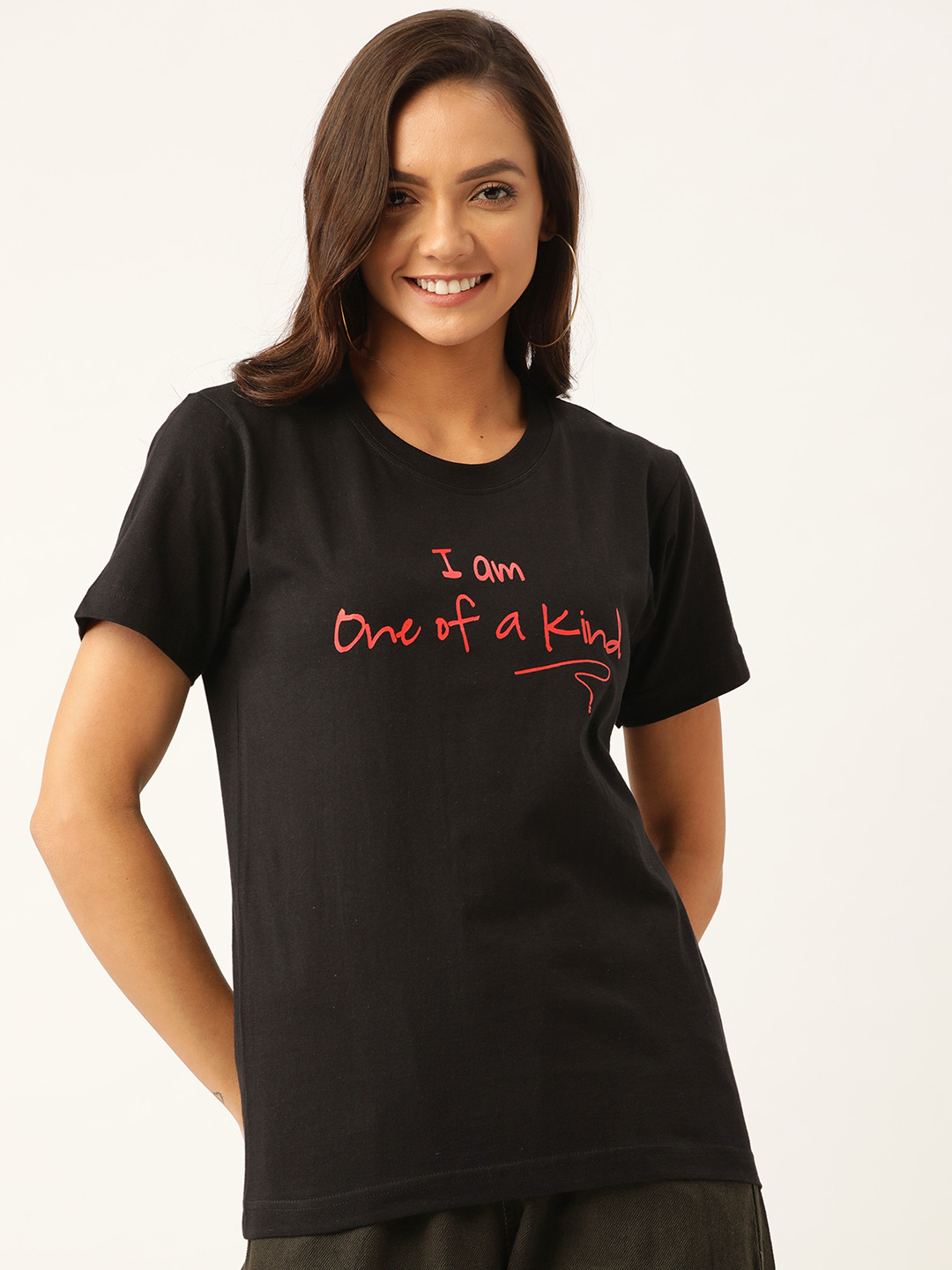 

YOLOCLAN Women Black Red Printed Round Neck Pure Cotton T-shirt