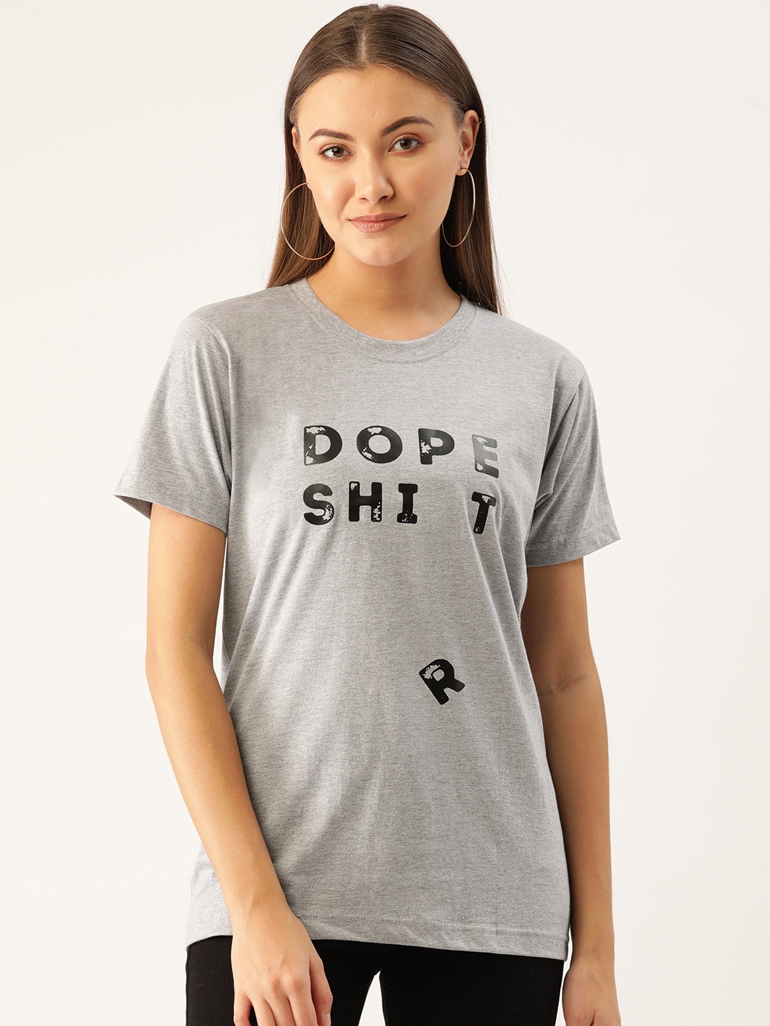 

YOLOCLAN Women Grey Melange Black Printed Round Neck Pure Cotton T-shirt