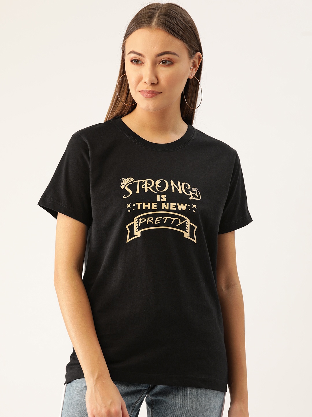 

YOLOCLAN Women Black Cream-Coloured Printed Round Neck Pure Cotton T-shirt