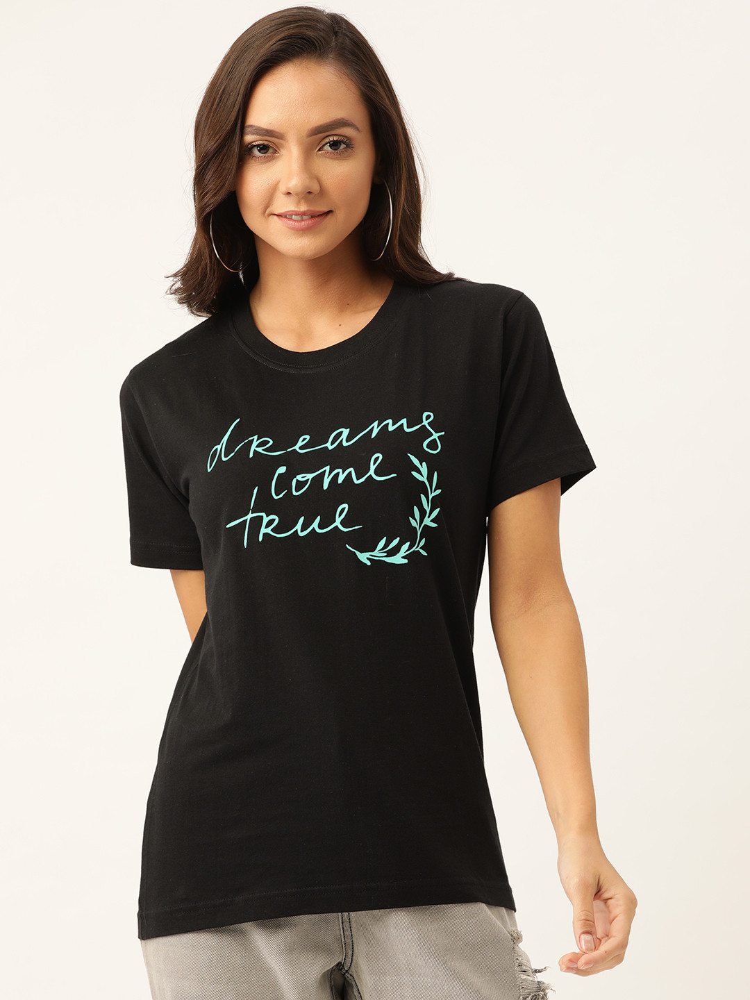 

YOLOCLAN Women Black & Blue Printed Round Neck T-shirt