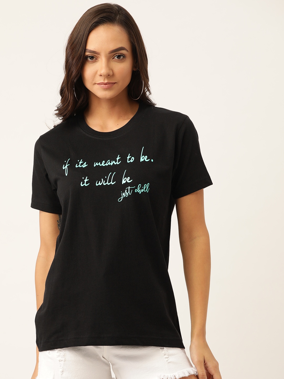 

YOLOCLAN Women Black Blue Printed Round Neck Pure Cotton T-shirt