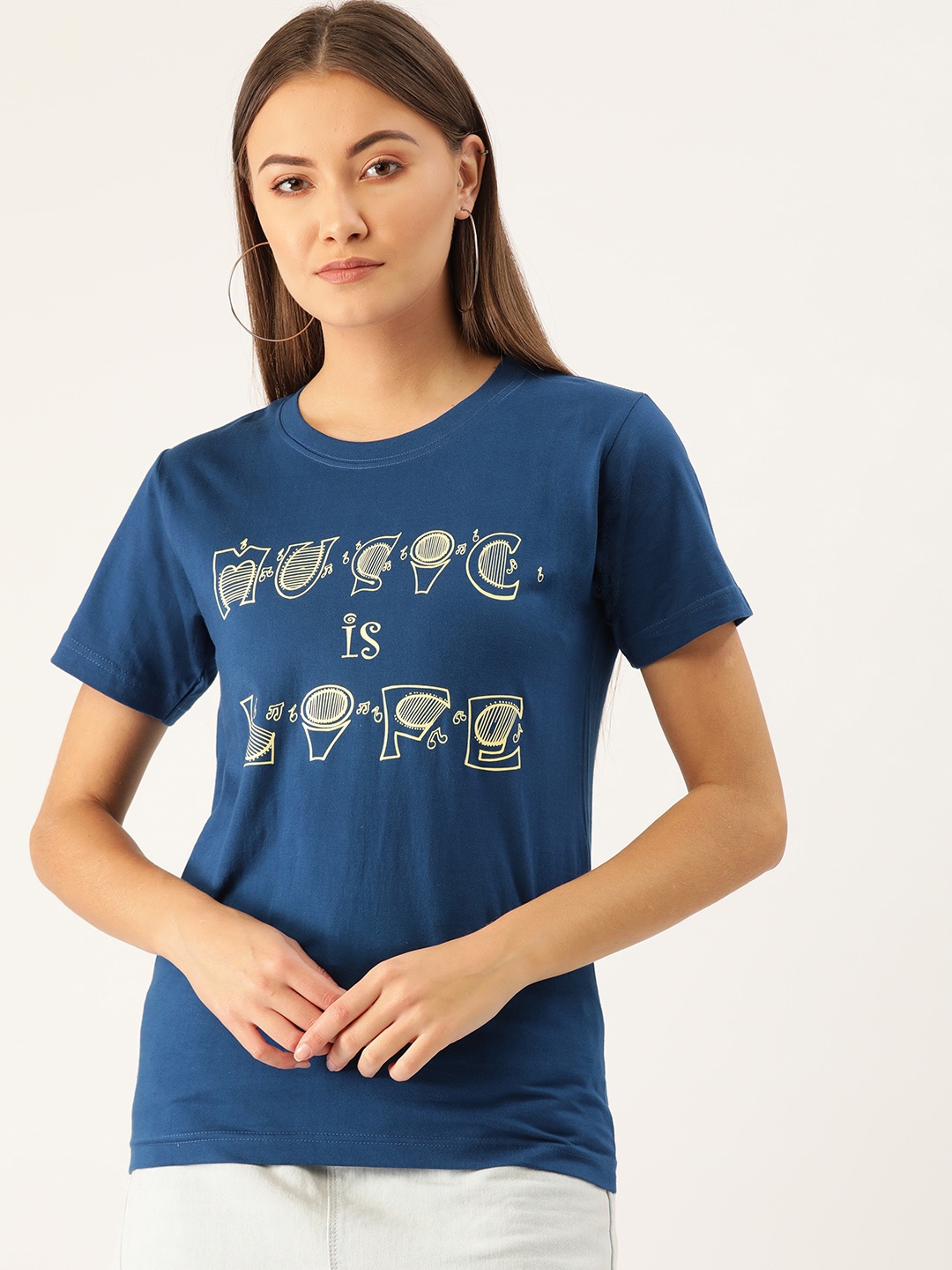 

YOLOCLAN Women Blue Cream-Coloured Printed Round Neck Pure Cotton T-shirt
