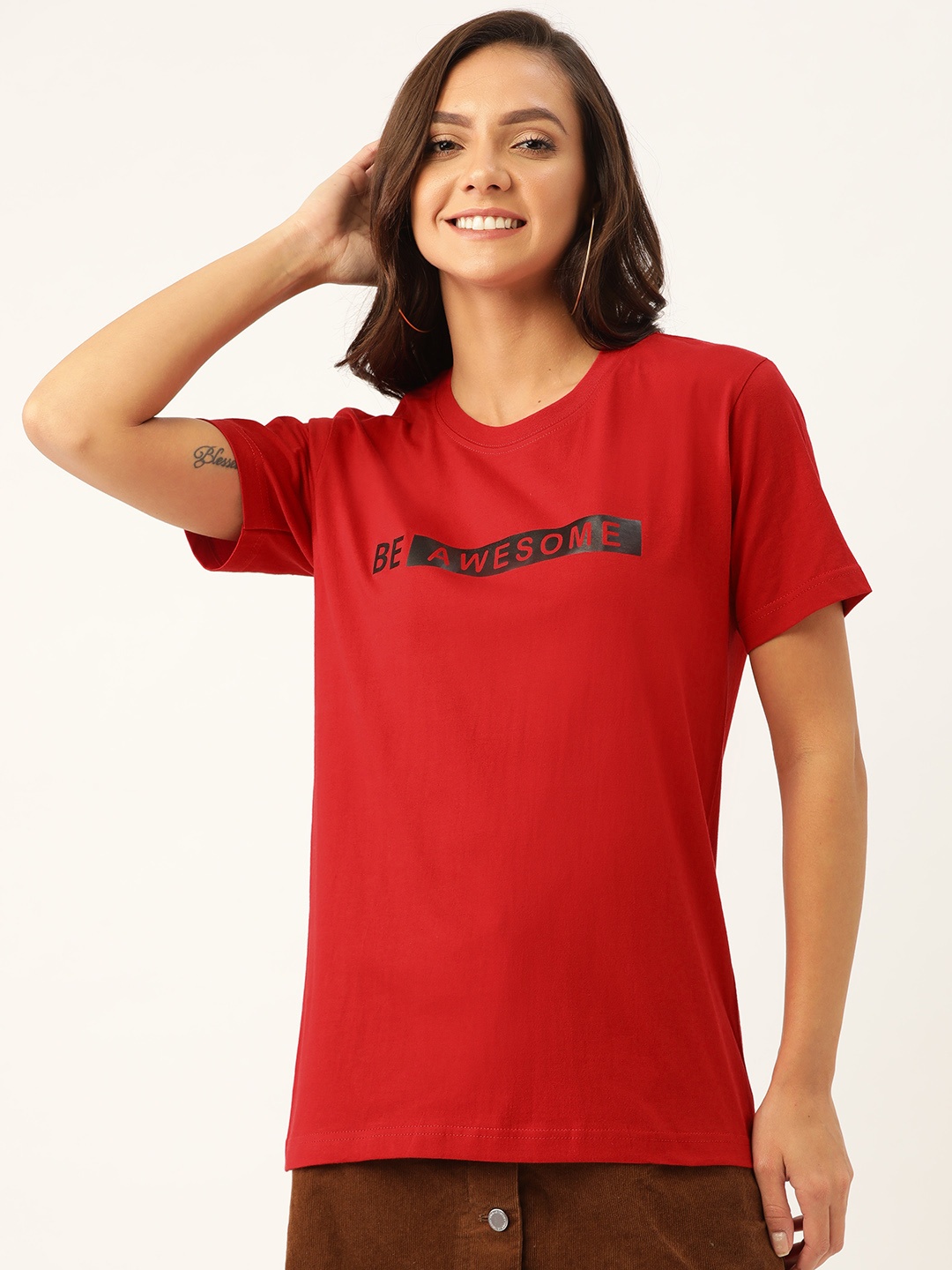 

YOLOCLAN Women Red Solid Round Neck Pure Cotton T-shirt
