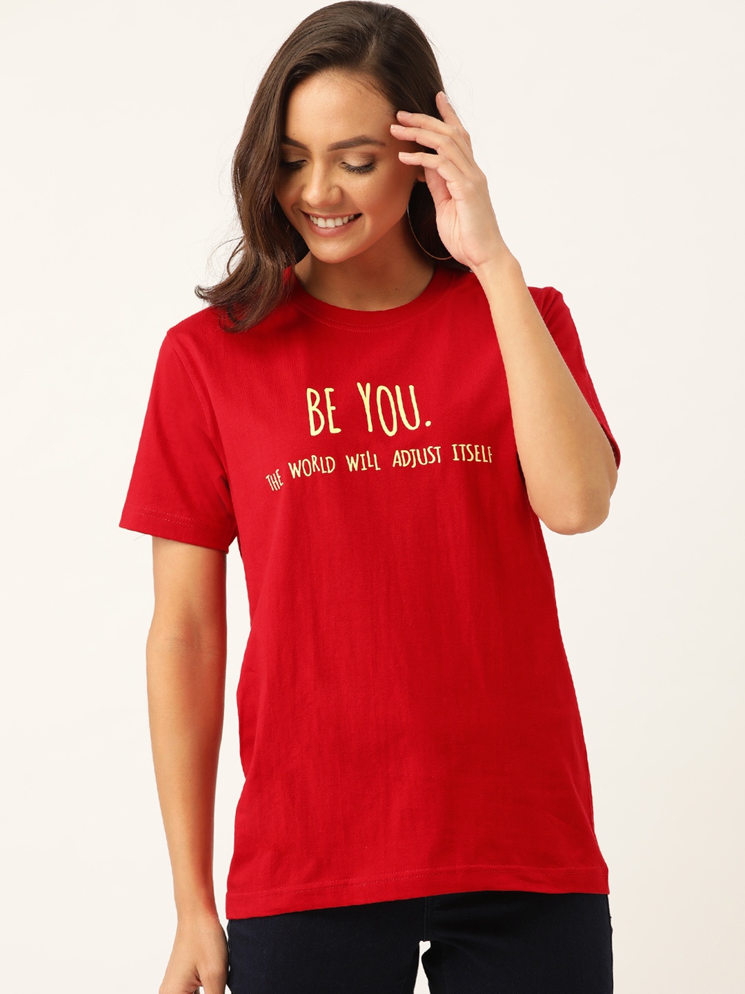 

YOLOCLAN Women Red & Yellow Printed Round Neck T-shirt