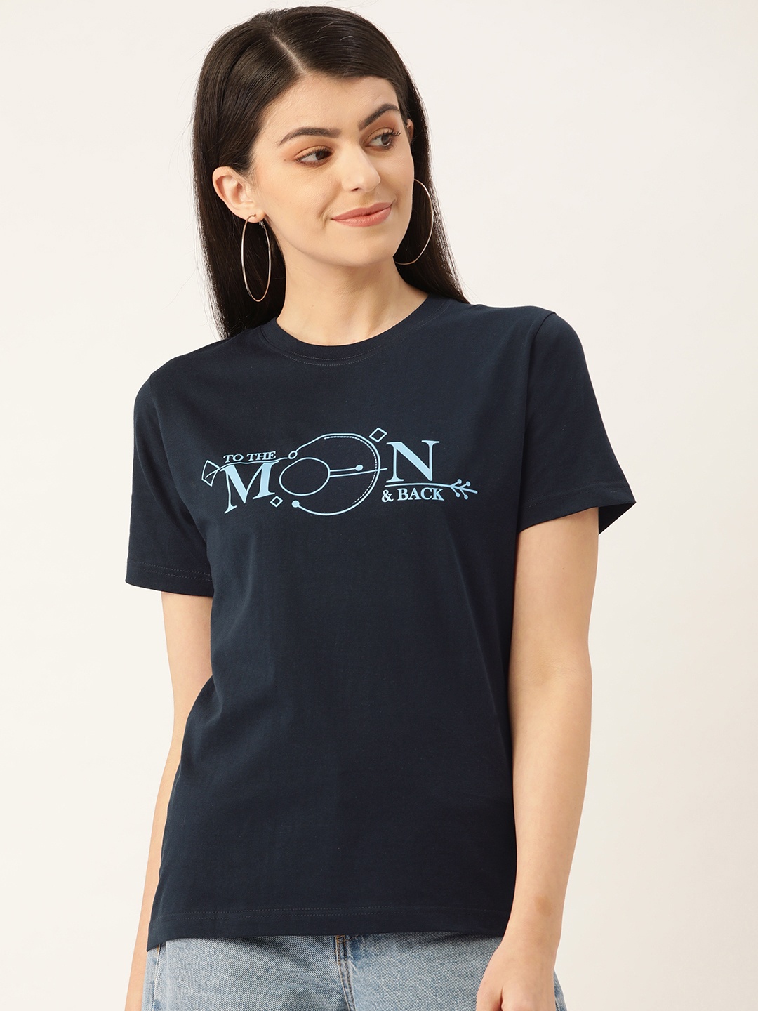 

YOLOCLAN Women Navy Blue Printed Round Neck T-shirt