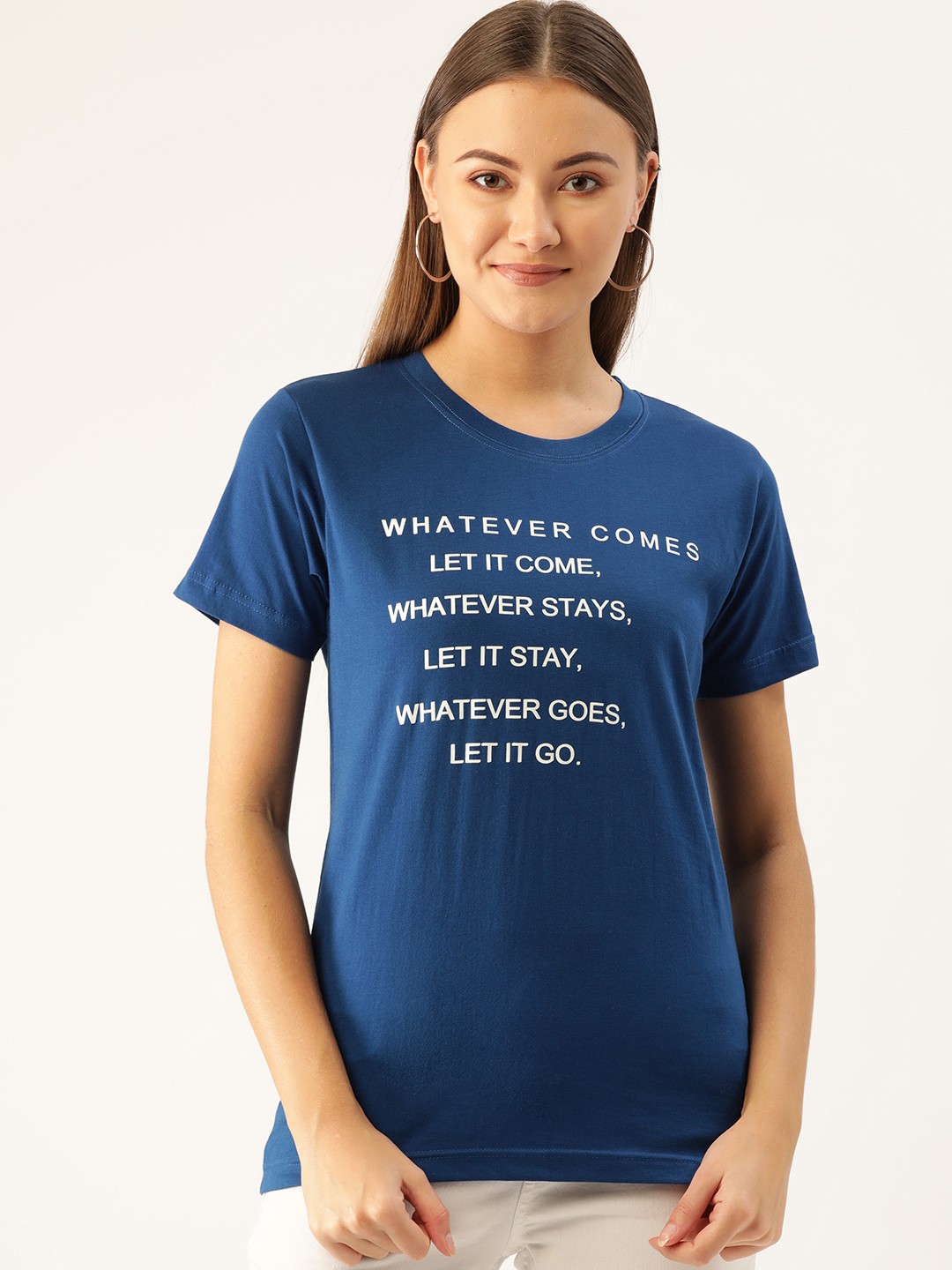 

YOLOCLAN Women Blue & White Printed Round Neck T-shirt