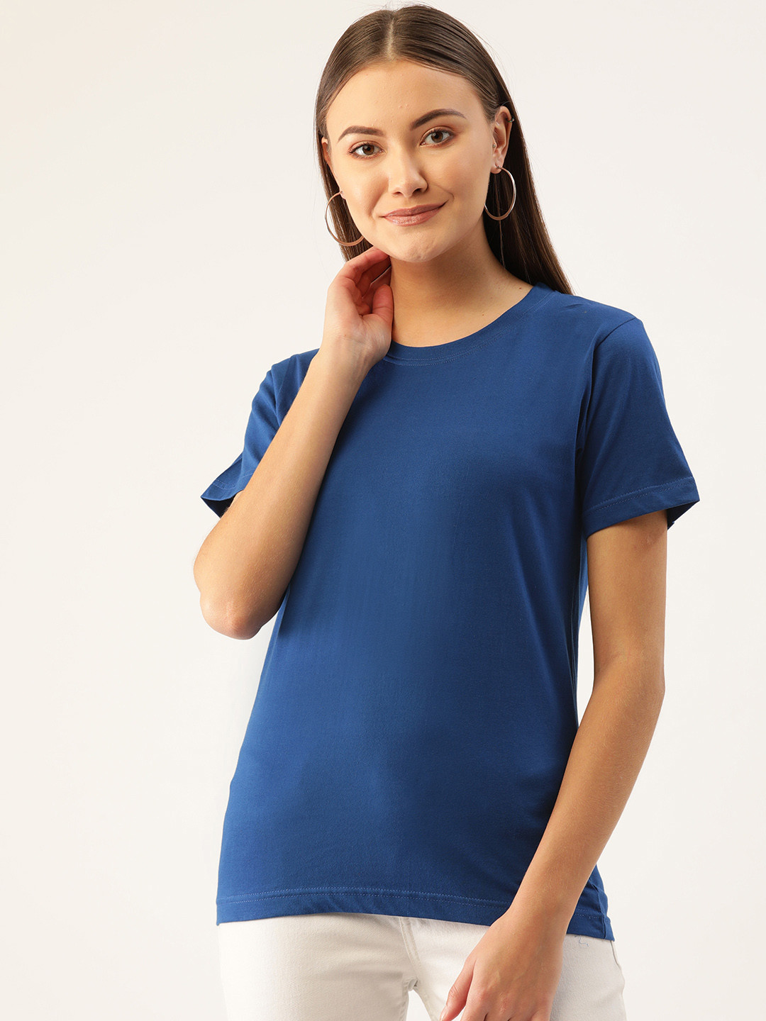 

YOLOCLAN Women Blue Solid Round Neck Pure Cotton T-shirt
