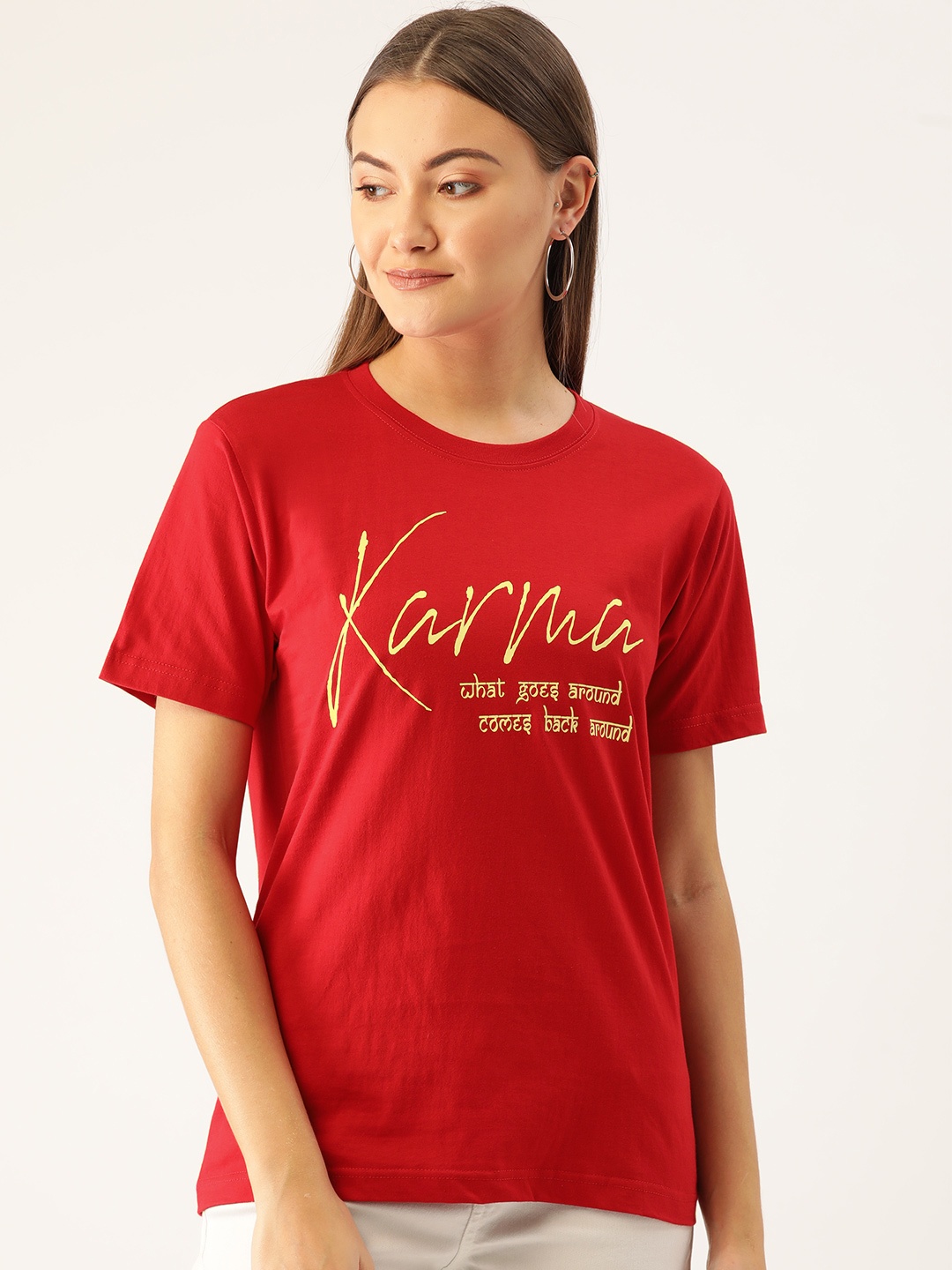 

YOLOCLAN Women Red Cream-Coloured Printed Round Neck Pure Cotton T-shirt