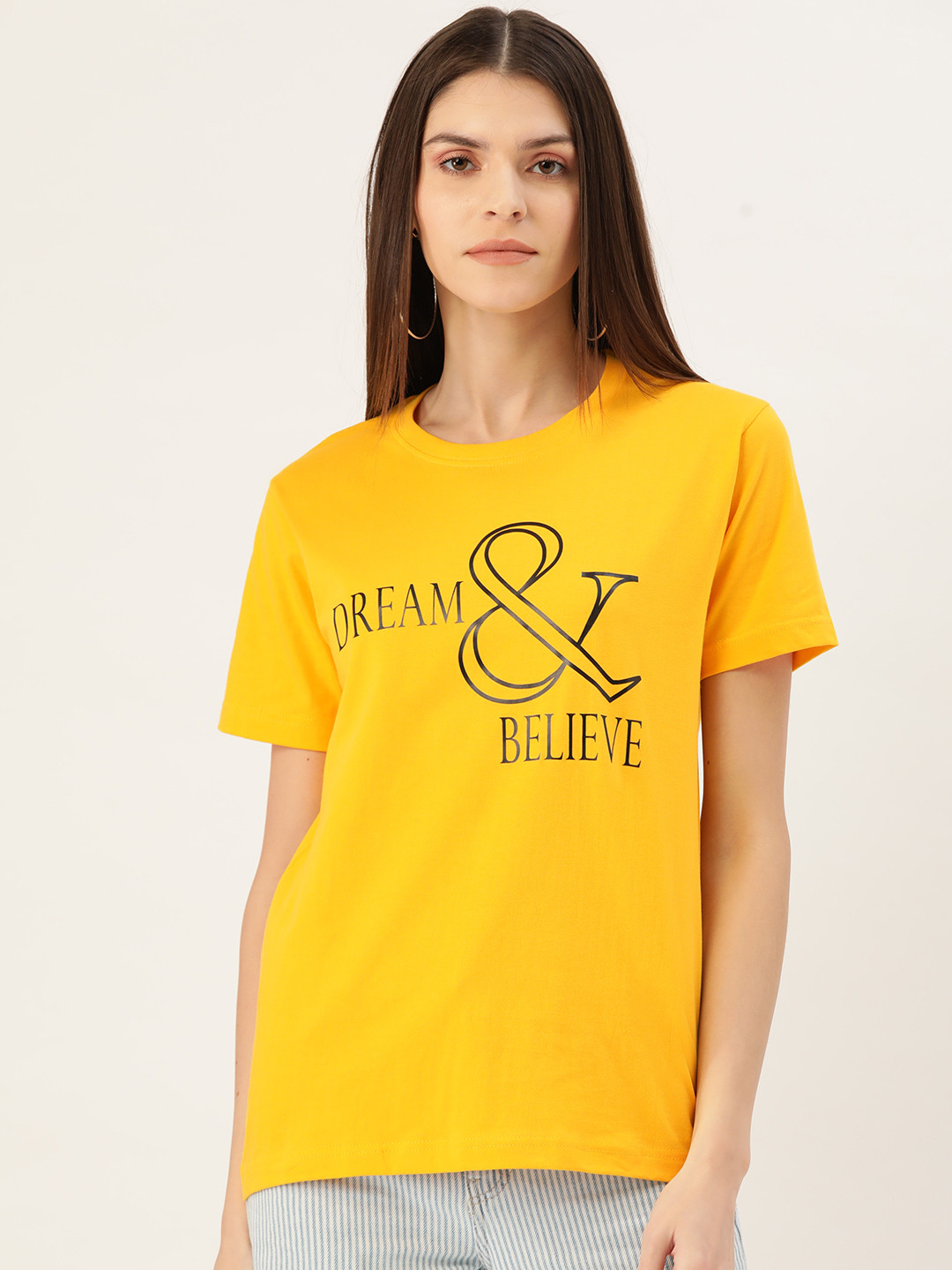 

YOLOCLAN Women Yellow Black Printed Round Neck Pure Cotton T-shirt