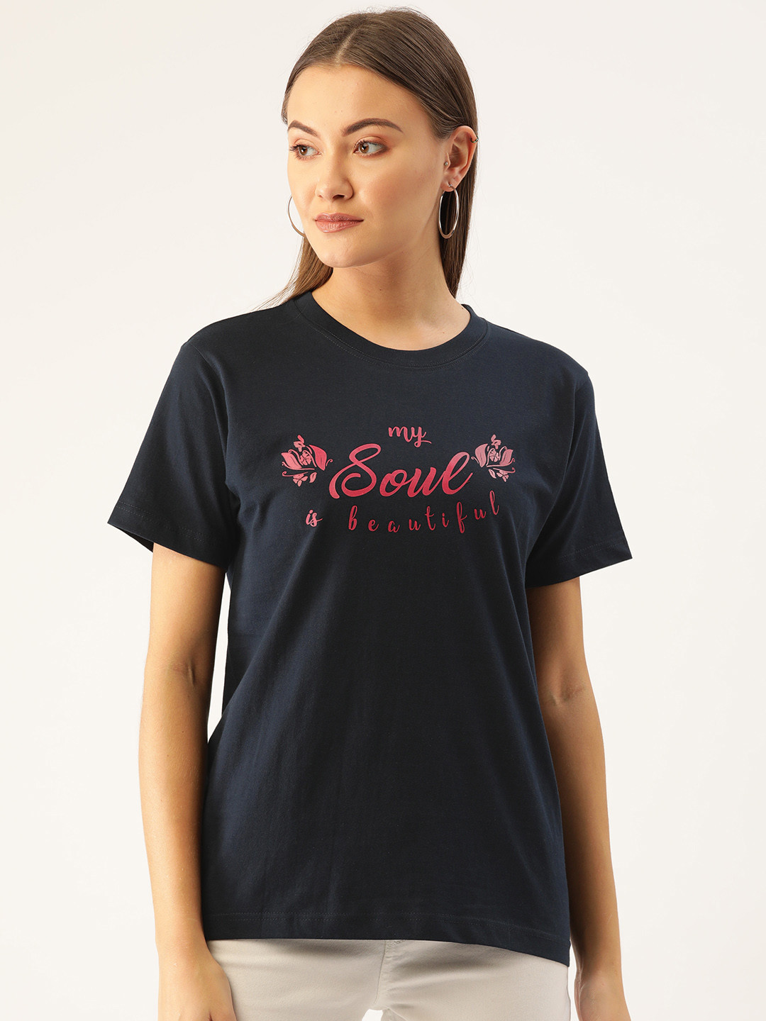 

YOLOCLAN Women Navy Blue & Pink Printed Round Neck T-shirt