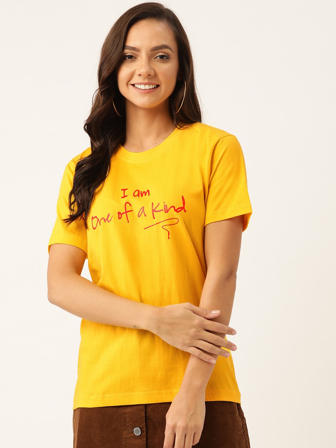 

YOLOCLAN Women Yellow Red Printed Round Neck Pure Cotton T-shirt